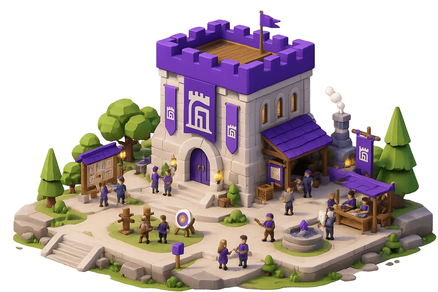 A 3D illustrated guild hall with workers, banners, tools, and shared work areas.