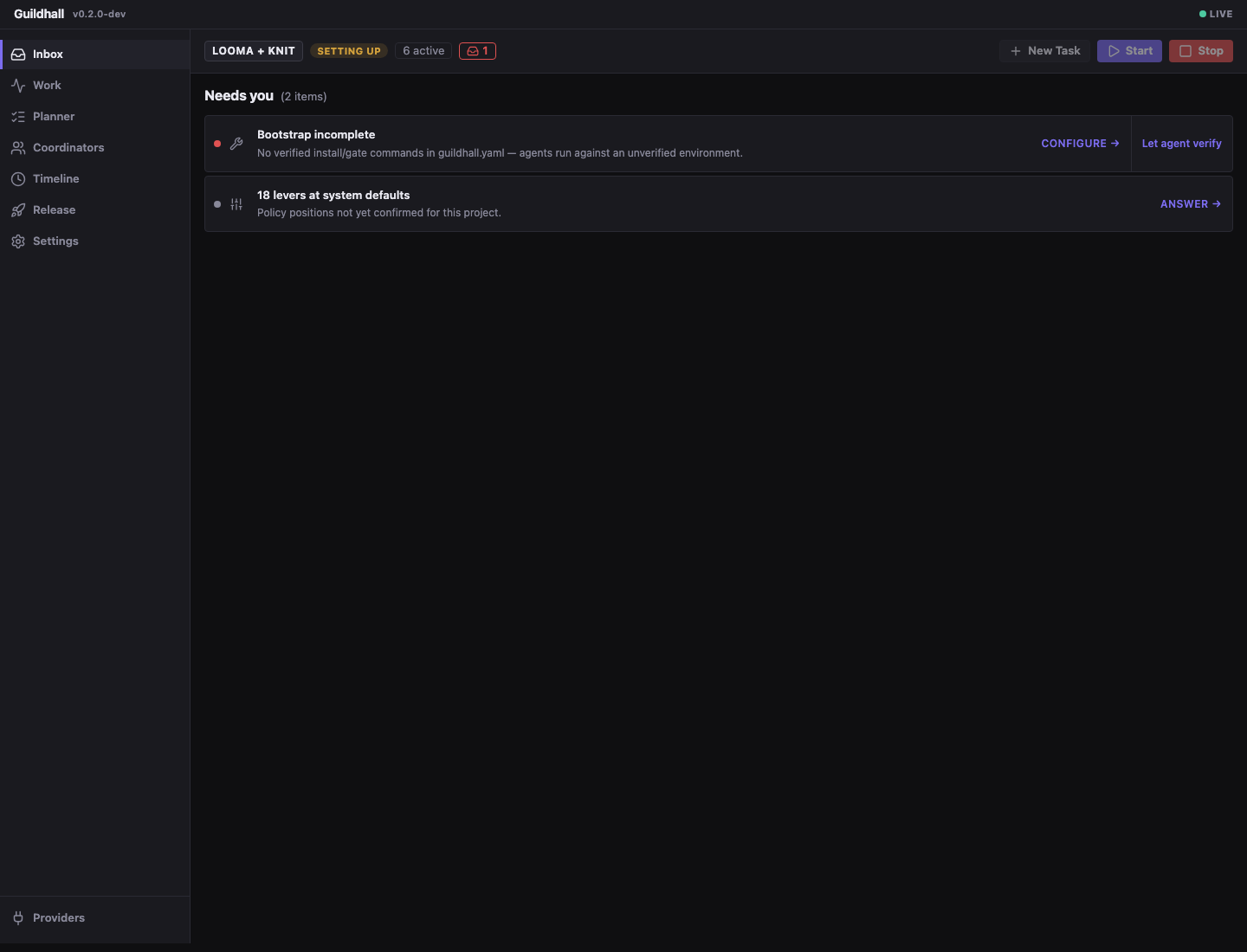Guildhall thread view showing setup prompts, human questions, and next actions.
