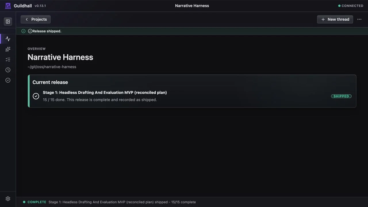 Guildhall 0.13.x project overview showing a completed release without a false next action.