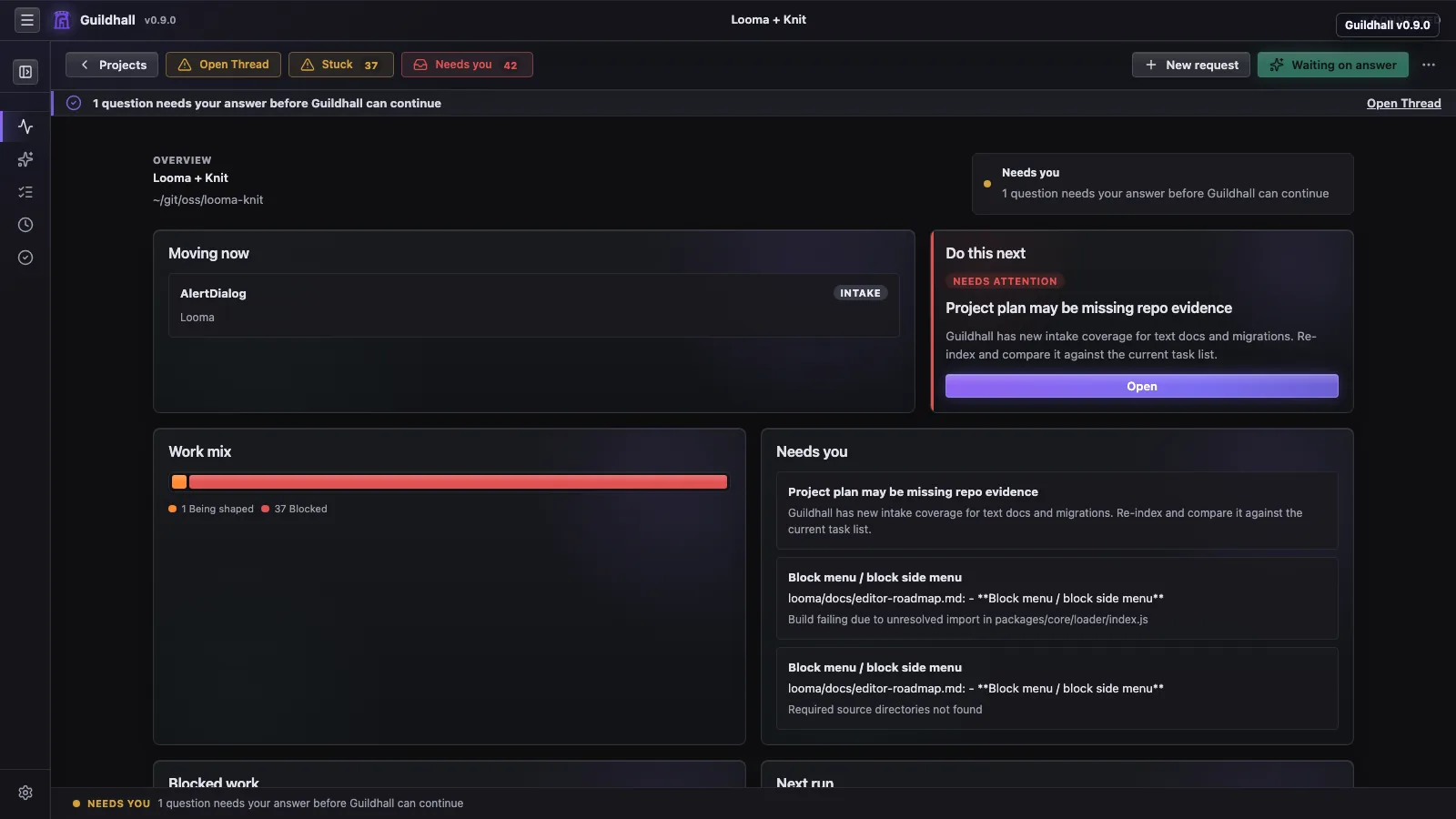 Guildhall v0.9.0 project overview showing attention work, task health, and project navigation.