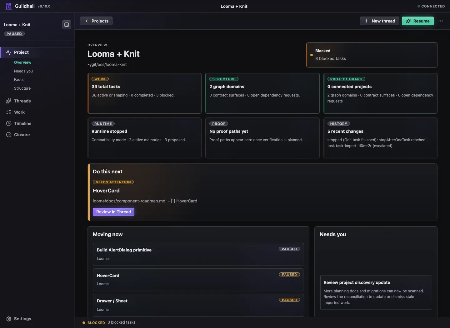 Guildhall 0.10.0 project overview showing attention work, task health, and project navigation.