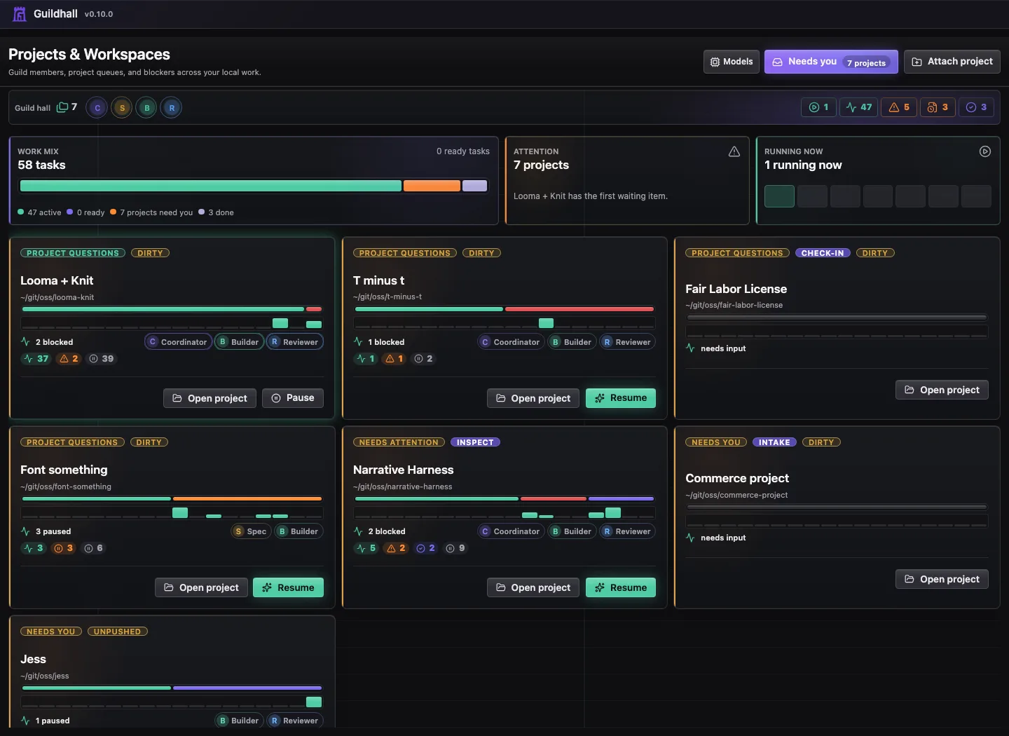 Guildhall 0.10.0 projects home with several registered local projects, work mix, attention, and launch controls.