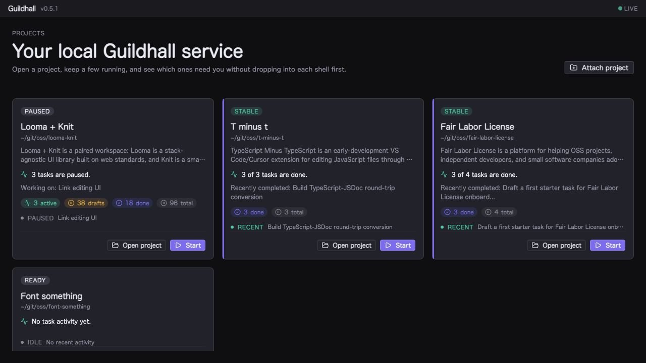 Guildhall projects home showing several local projects with status, activity, and start controls.