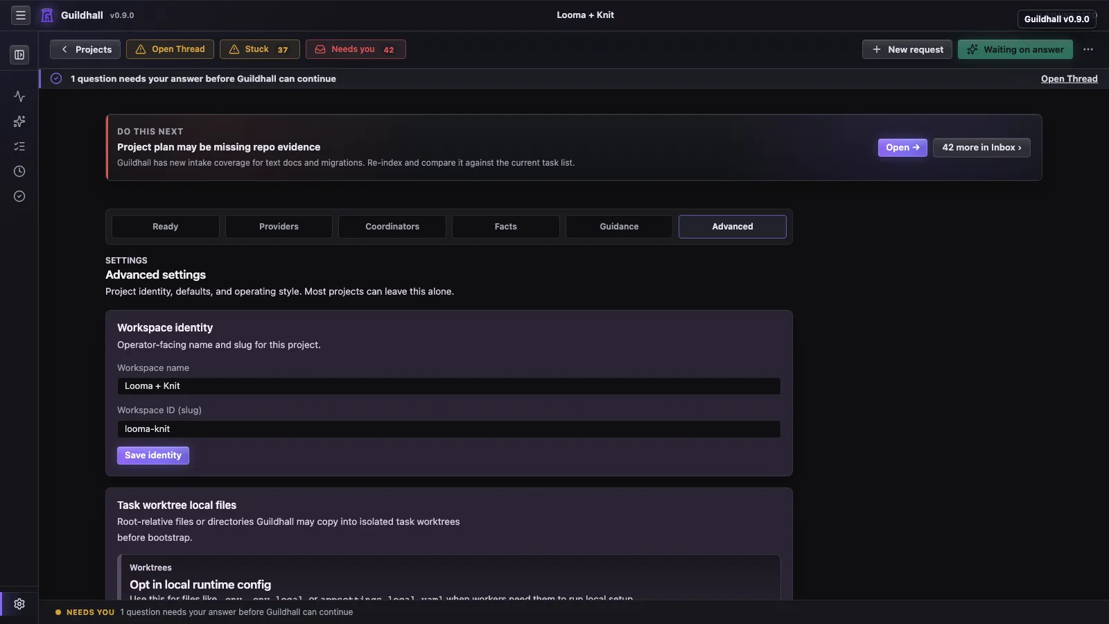 Guildhall v0.9.0 Advanced settings showing memory, design, and runtime-adjacent project controls.