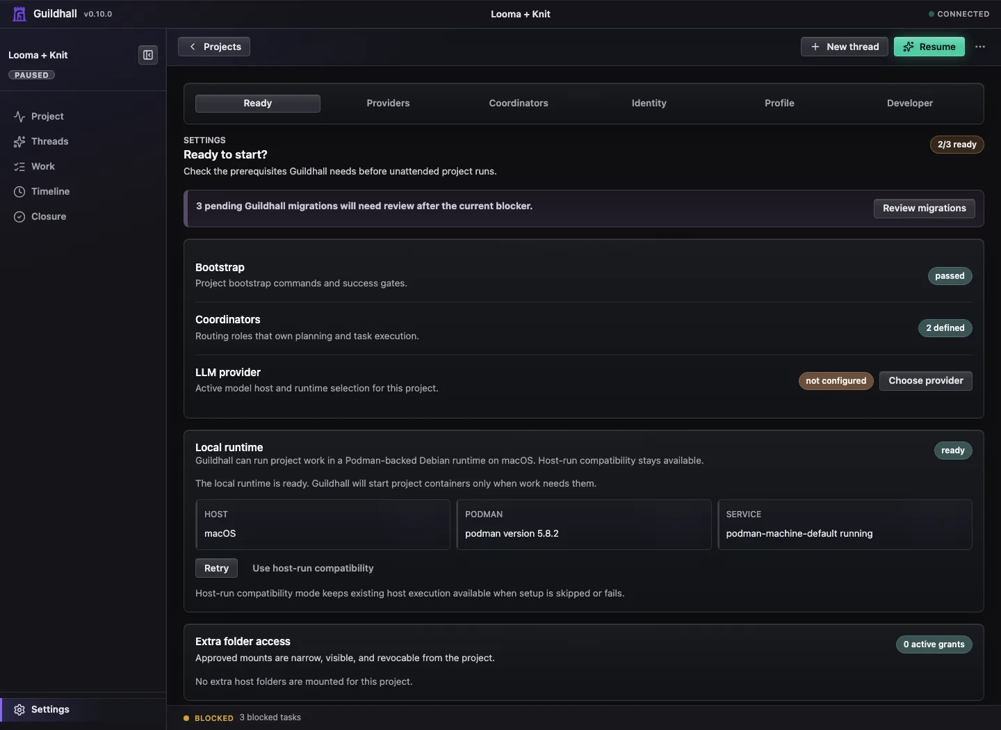 Guildhall 0.10.0 project settings showing readiness checks and local runtime setup state.