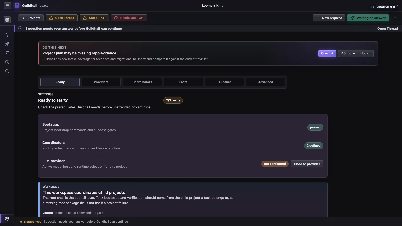 Guildhall v0.9.0 project settings showing readiness checks and local runtime setup state.