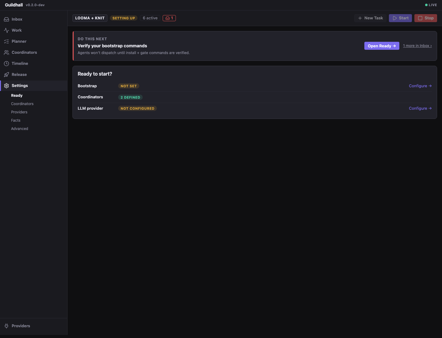 Guildhall settings view showing provider setup and project facts.