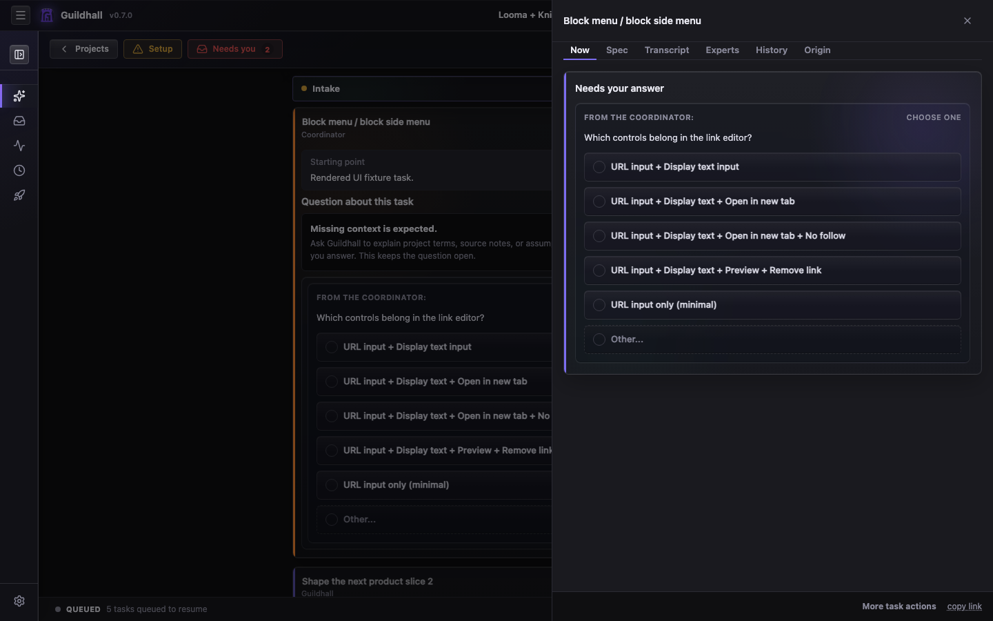 Guildhall task drawer showing transcript, spec, history, and provenance.