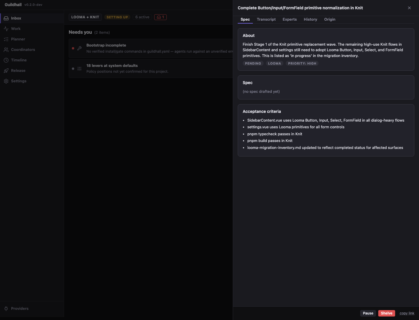 Guildhall task drawer showing transcript, spec, history, and provenance.