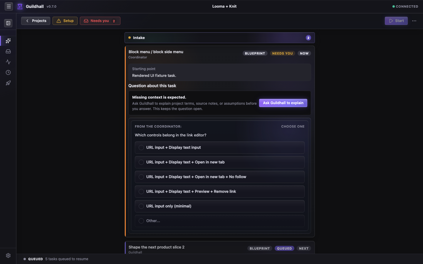 Guildhall Thread view showing setup prompts, project questions, and next actions.