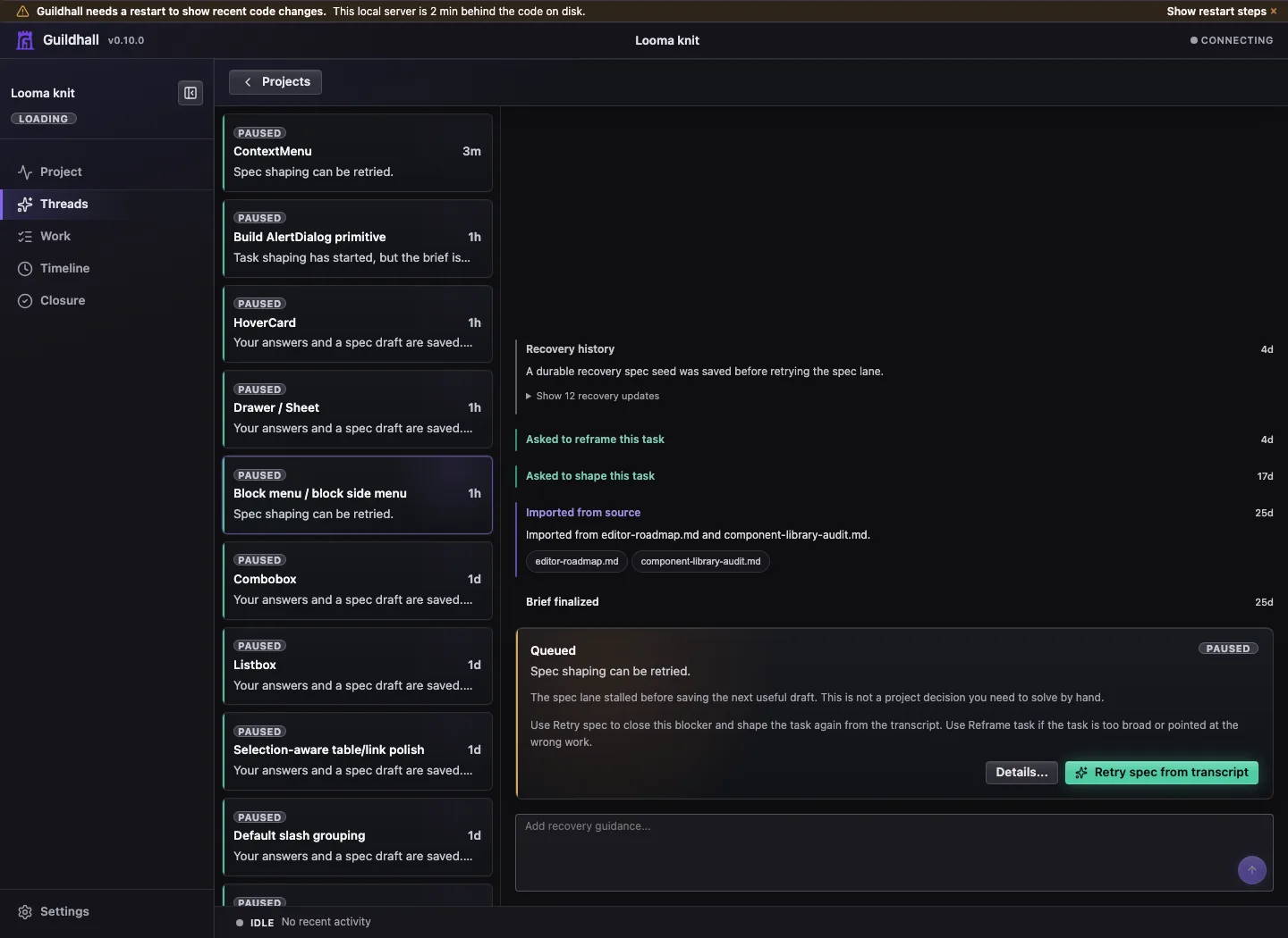 Guildhall Thread view showing task cleanup, project questions, and bounded owner-input conversations.