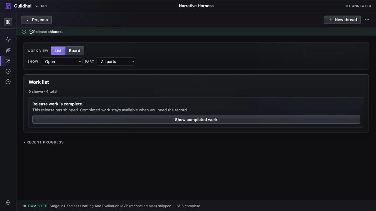 Guildhall 0.13.x Work view keeping completed release history behind an explicit action.