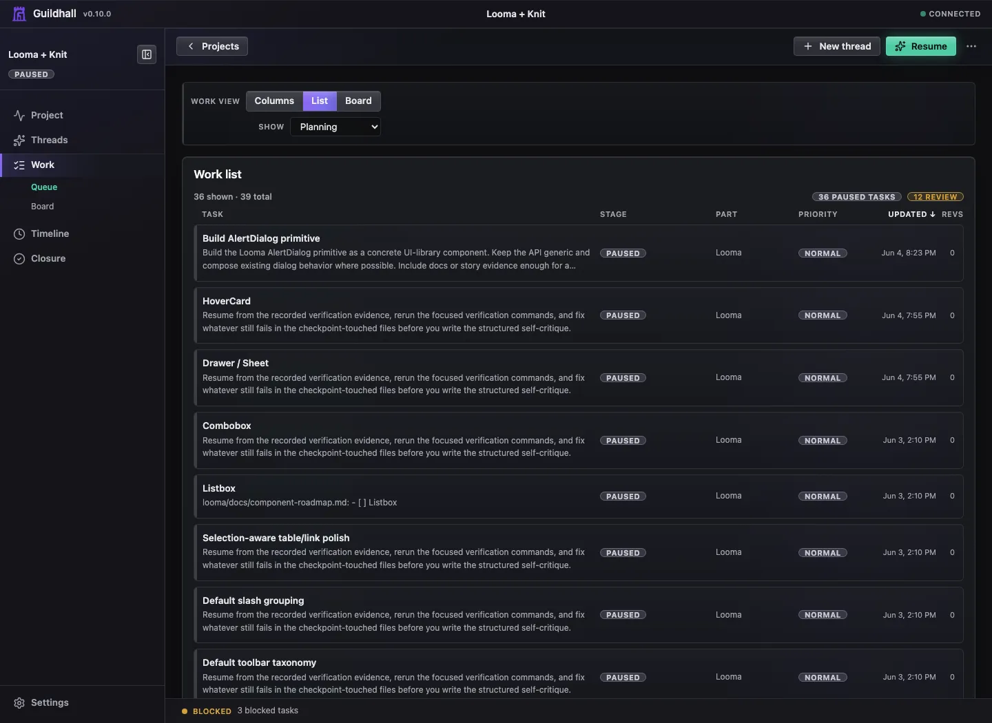 Guildhall 0.10.0 work view with active tasks, hierarchy, and reviewer signals.