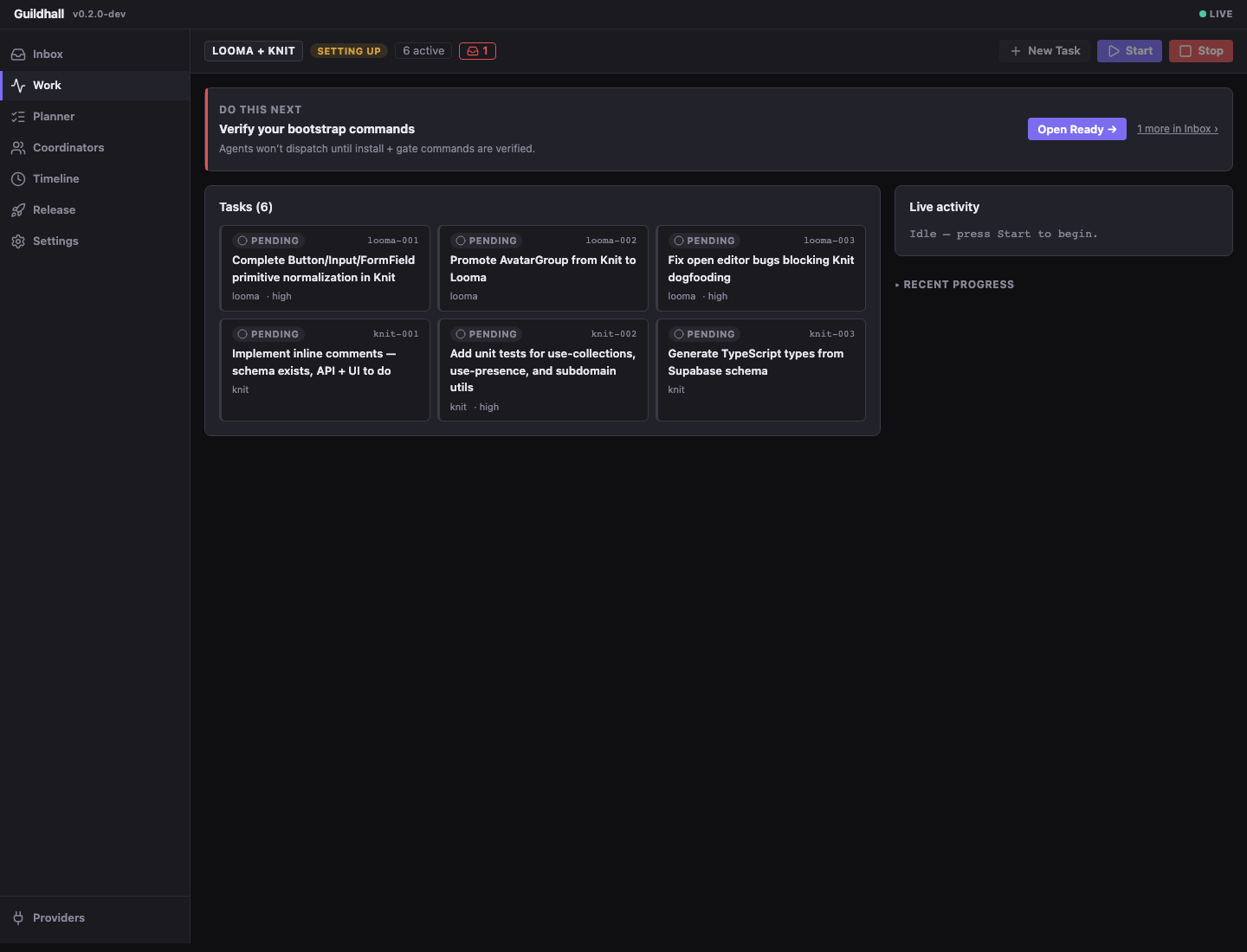 Guildhall work view with active tasks, live progress, and reviewer signals.