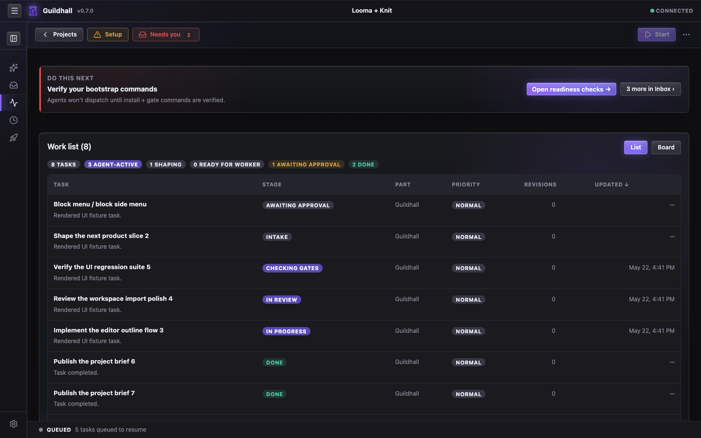 Guildhall work view with active tasks, live progress, and reviewer signals.