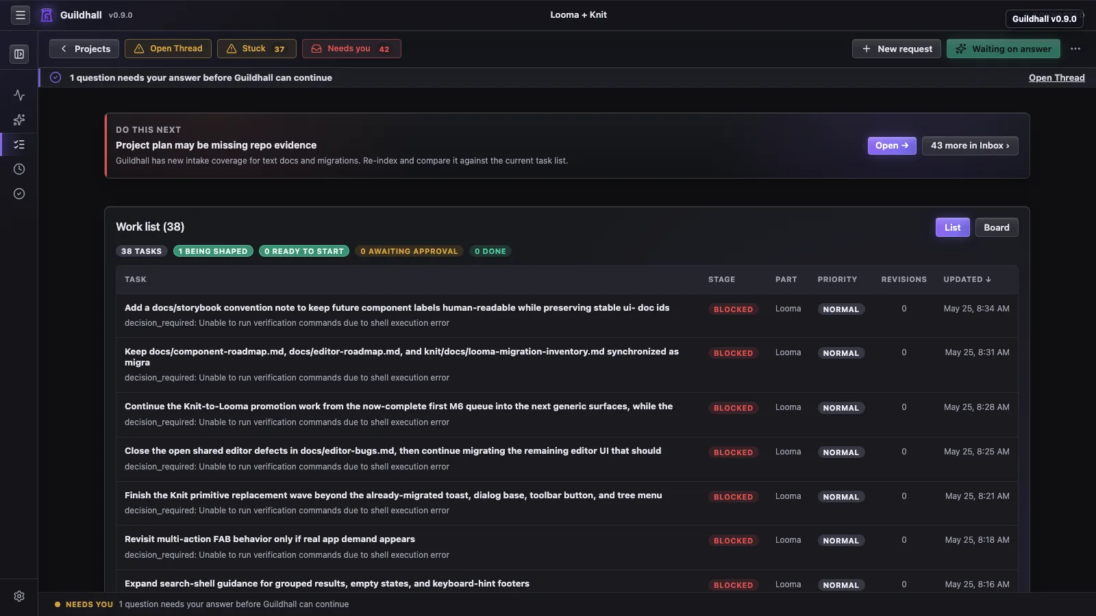 Guildhall v0.9.0 work view with active tasks, hierarchy, and reviewer signals.